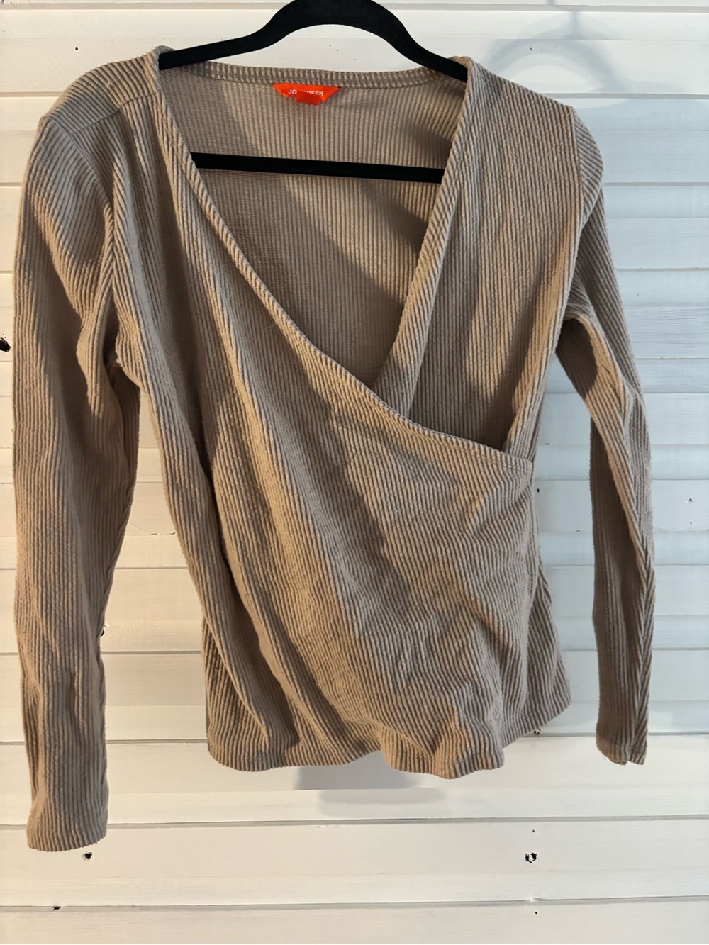 Joe Fresh Ribbed Wrap-Front Long Sleeve Top in Beige